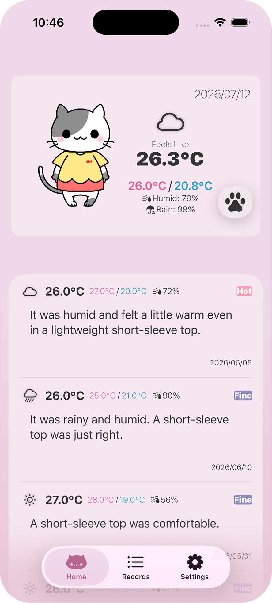Home screen showing today's weather and recent comfort records