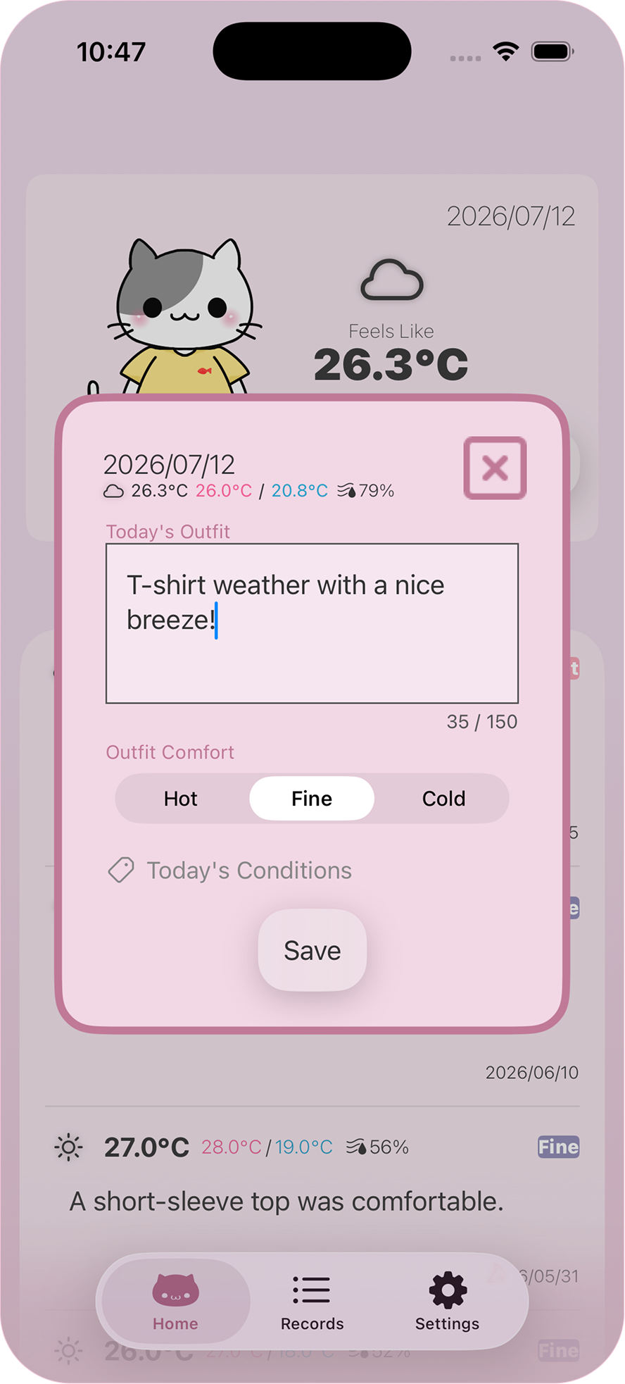 Screen for recording an outfit and its comfort level