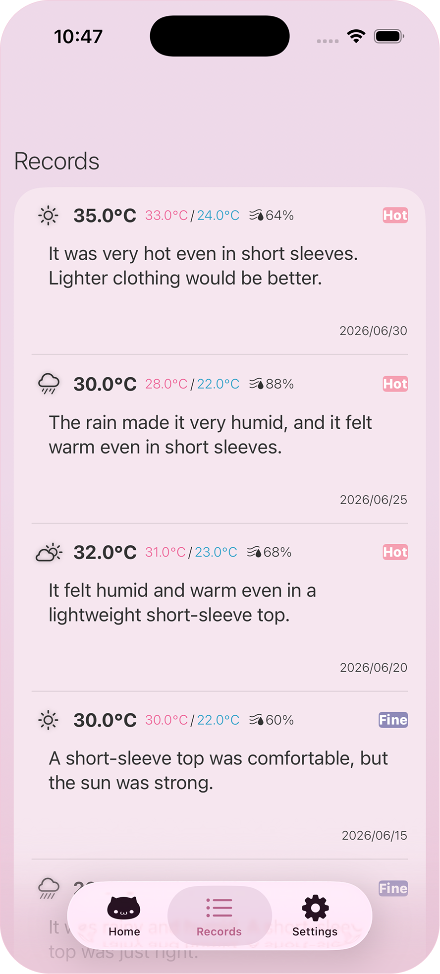 Records screen for reviewing past outfits and comfort levels