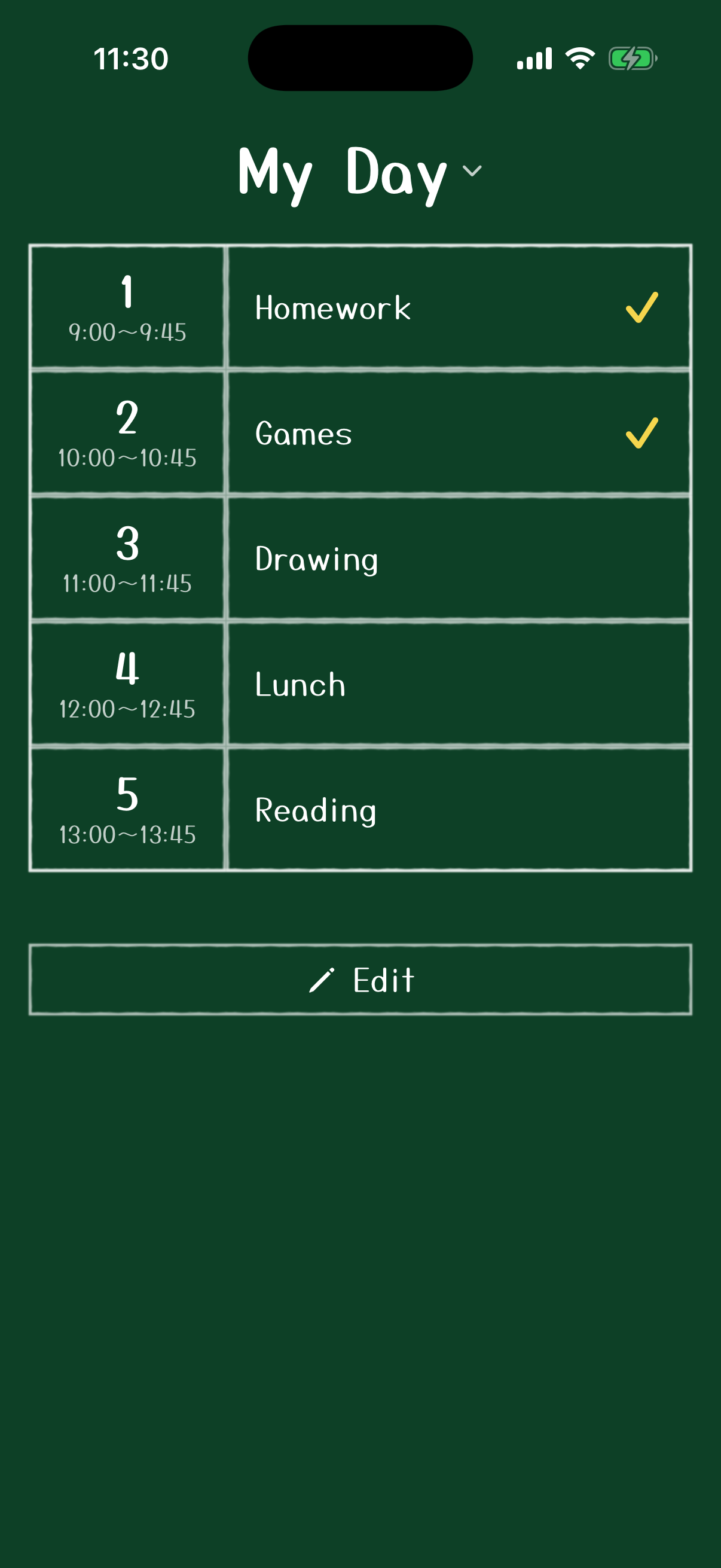 Komapi's main blackboard-style timetable screen