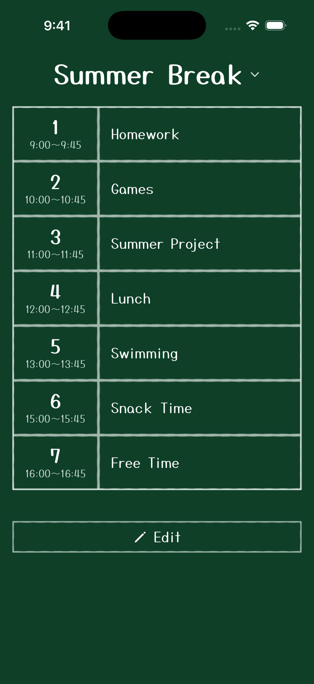 Komapi's Summer Break timetable with homework, games, a project, swimming, and free time