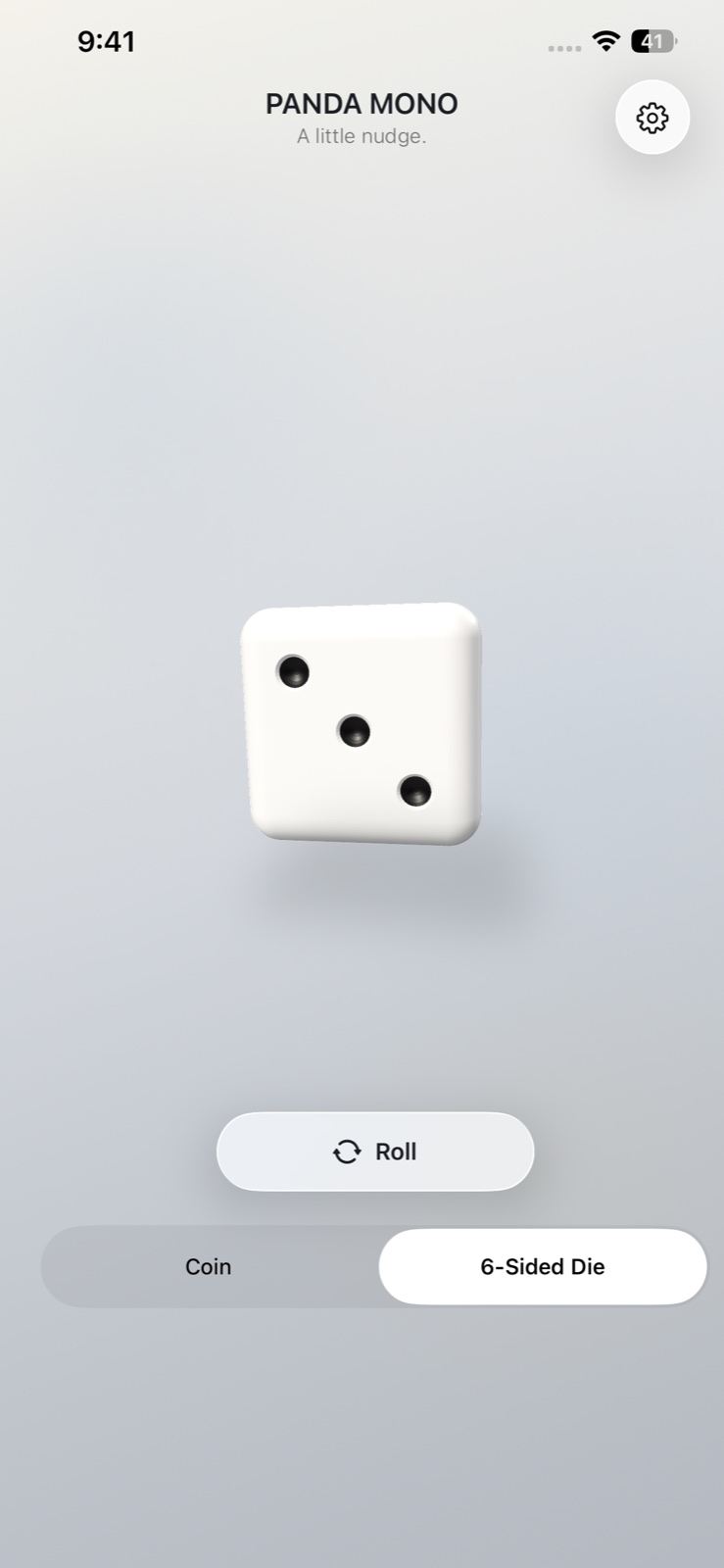 A dimensional six-sided die on the PANDA MONO app screen